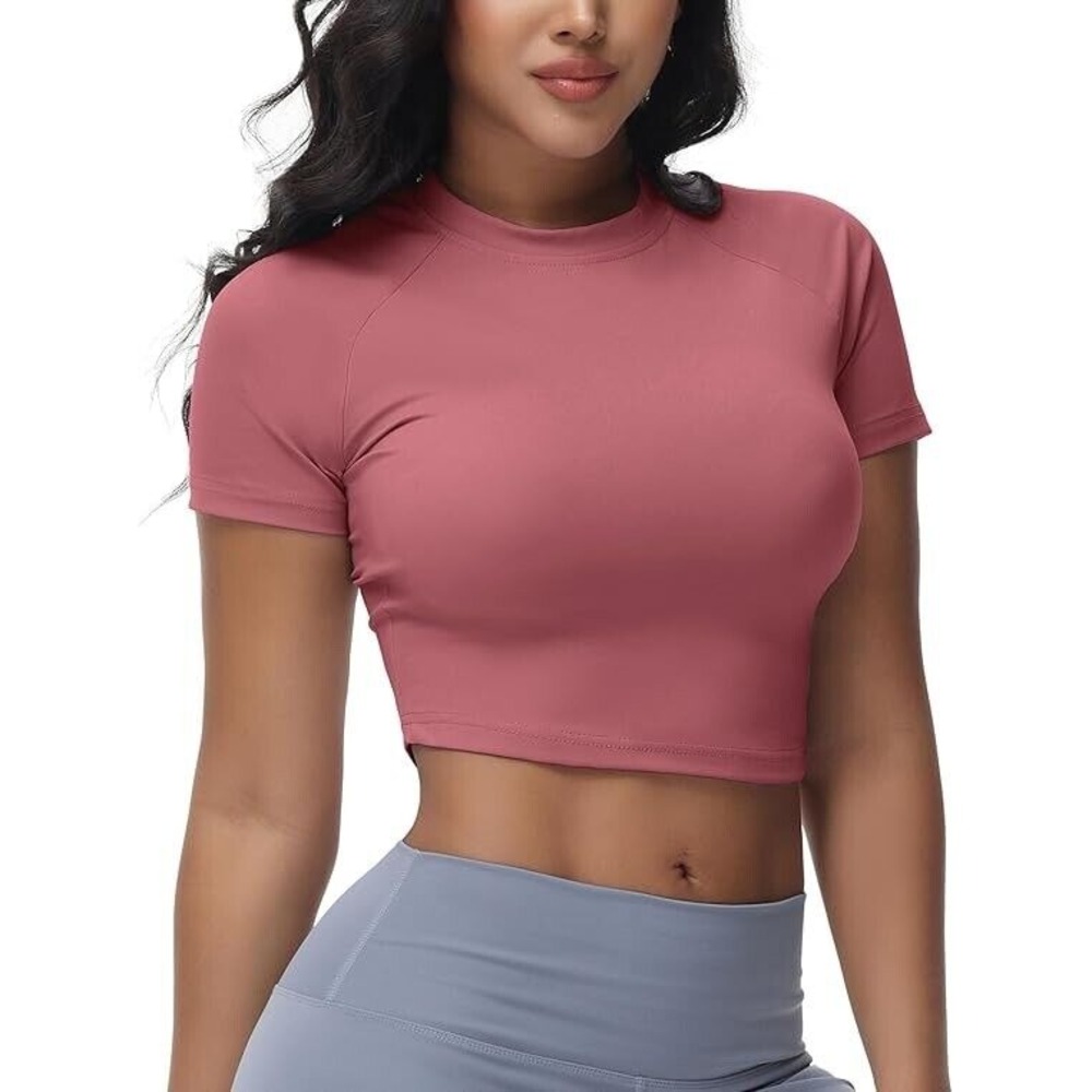 Womens Athletic Crop Top Raglan Sleeve Workout Gym Shirt‎ Rose Pink Slim Fit